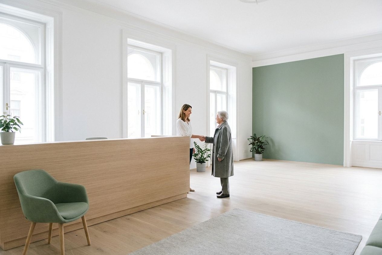 Heller Empfangsbereich der Ordination Sonnberger in der Musterstraße, 1020 Wien